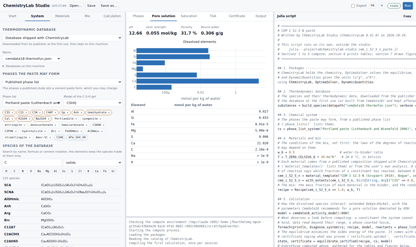The System tab: the phases of the paste as chips, the species of the database, the diagnosis