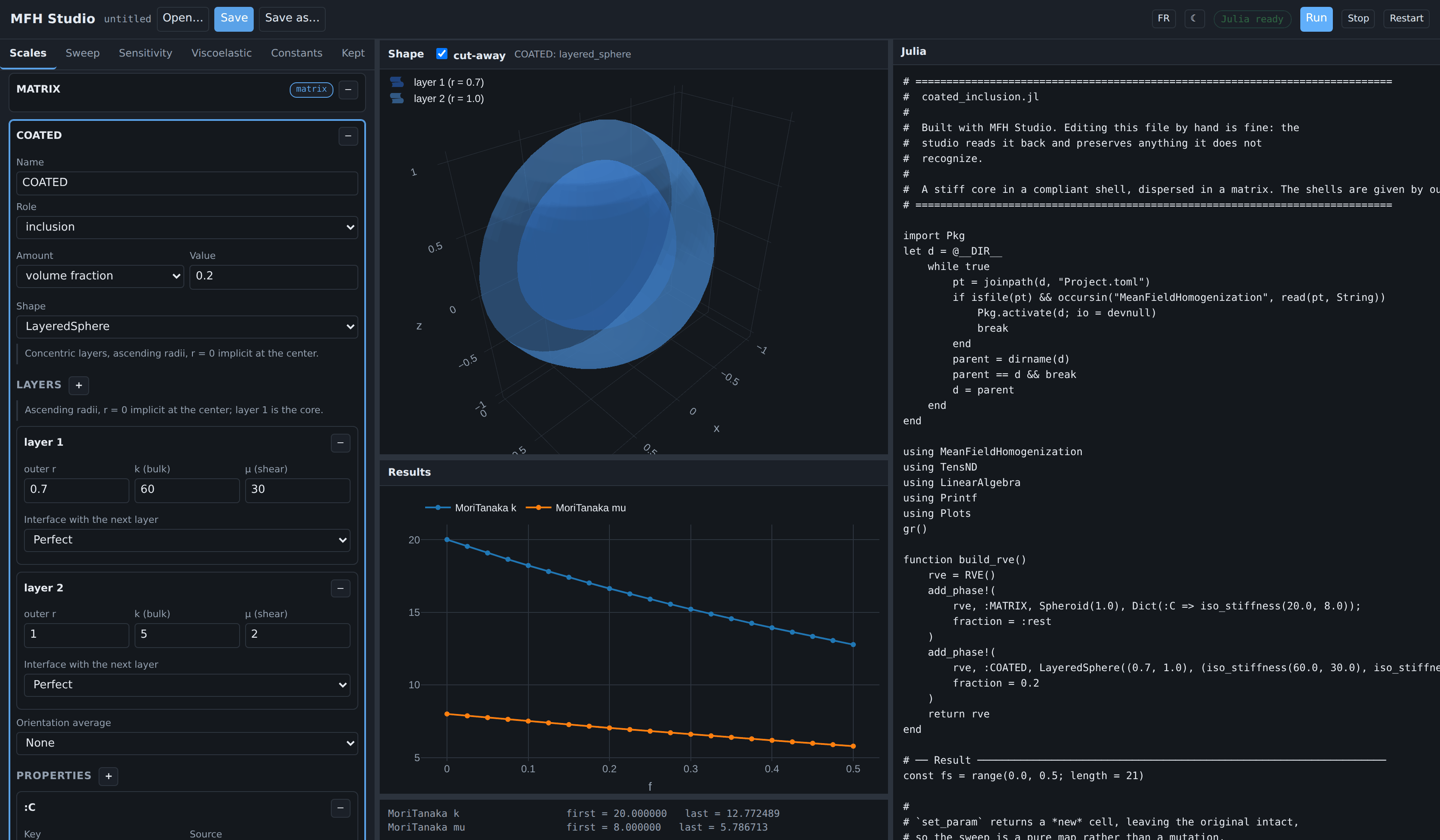 A layered sphere, cut away, dark theme