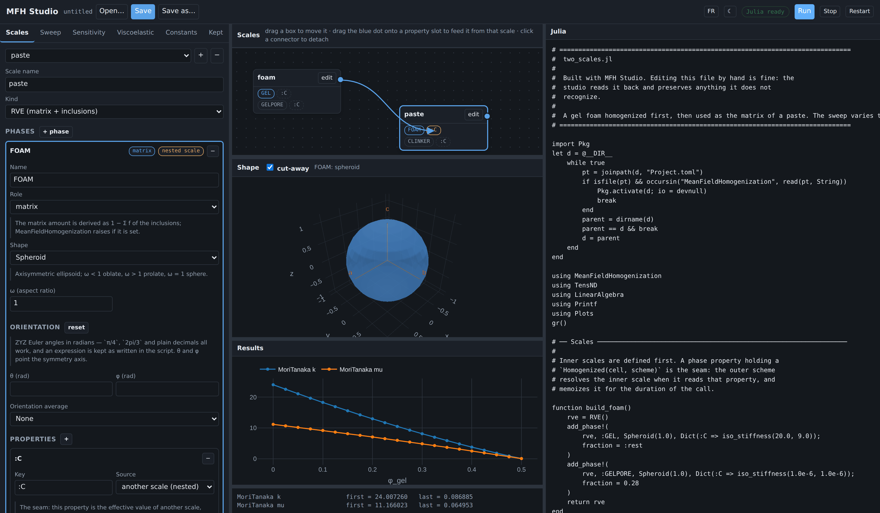 A two-scale model with the seam drawn, dark theme