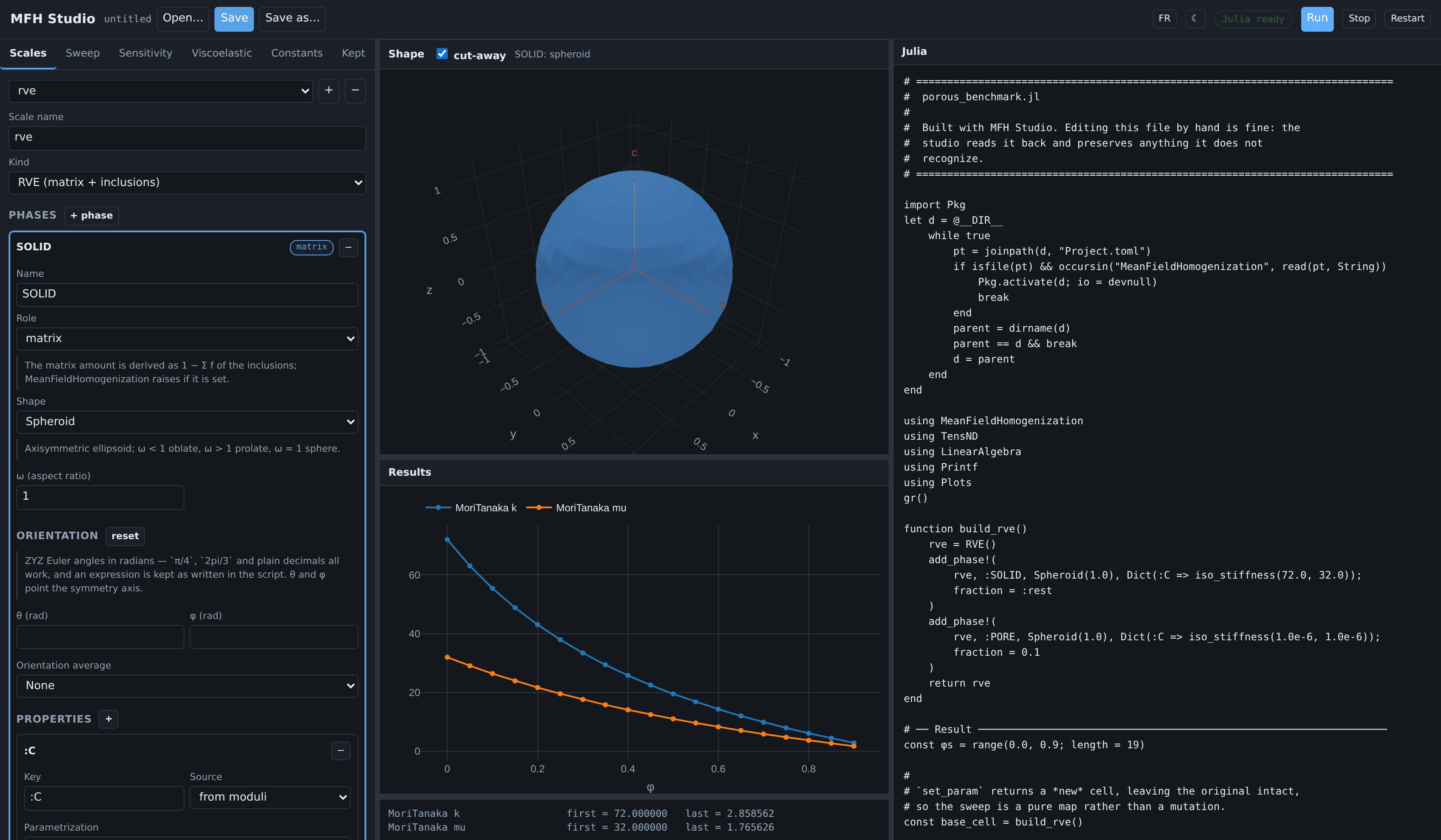 The porous benchmark in MFH Studio, dark theme