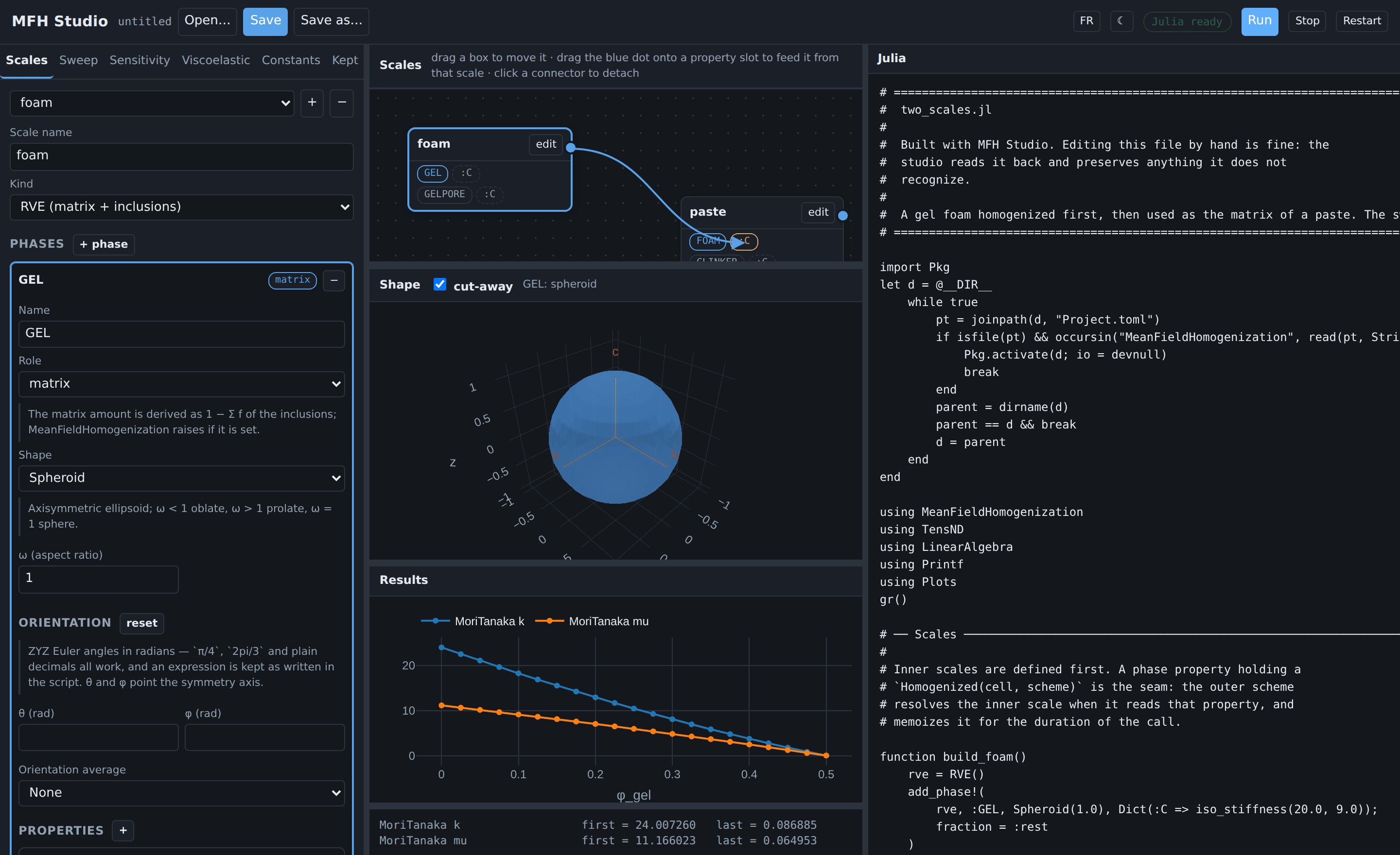 MFH Studio: a two-scale model, its 3-D shape and the Julia it generates, dark theme